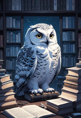 Owl studying in a library at night
