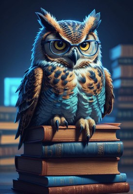 Owl wearing glasses perched on books