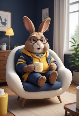 Rabbit relaxing with coffee in chair