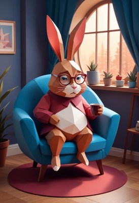 Paper rabbit relaxing in chair