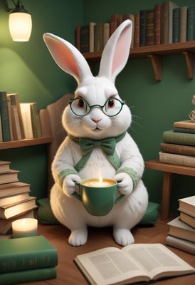 Rabbit enjoying coffee and books
