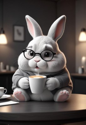 Rabbit enjoys coffee in cafe