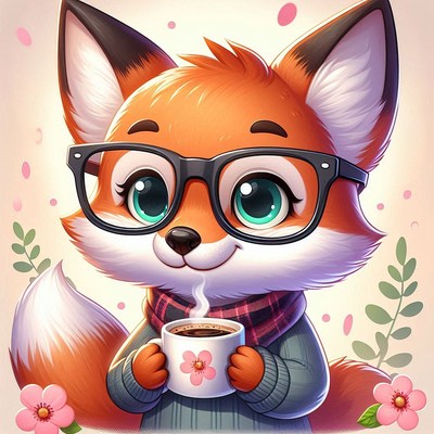 Fox with glasses drinks coffee