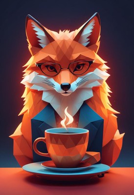 Fox with coffee in suit
