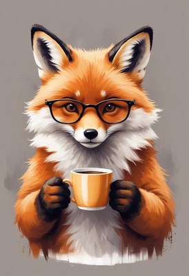 Fox with glasses drinking coffee