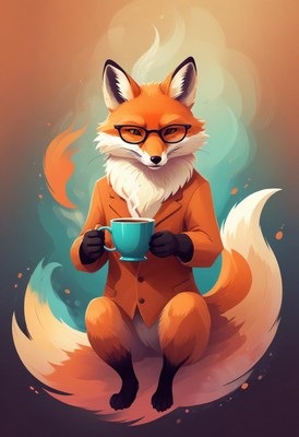 Fox in a suit with coffee
