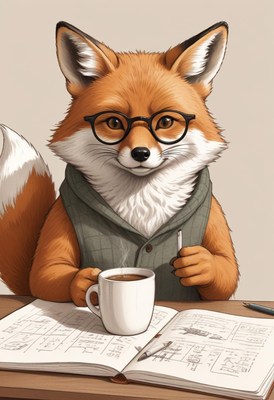 Fox with coffee and notebook