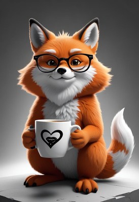 Fox with glasses drinks coffee