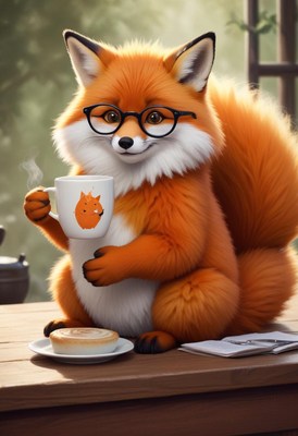 Fox enjoying coffee and pastry