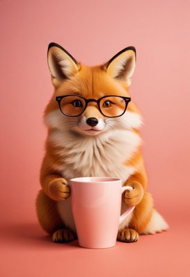 Fox with glasses holding a mug