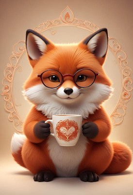Fox with glasses drinks tea
