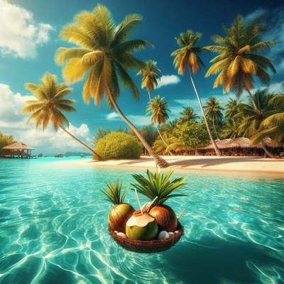 Tropical beach scene with coconuts