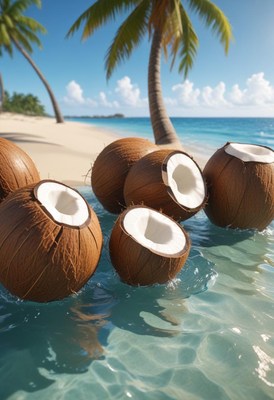 Coconuts floating in tropical water