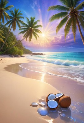 Tropical beach sunset with coconuts