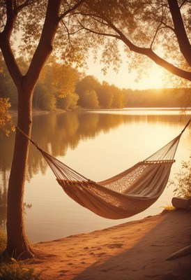 Hammock by a lake at sunset