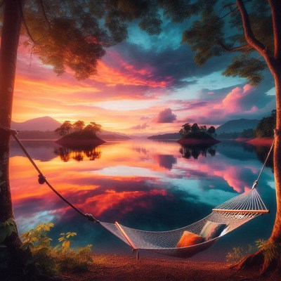 Hammock sunset over lake