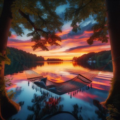 Hammock sunset over lake