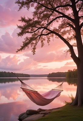 Hammock by the lake at sunset
