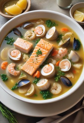 Seafood chowder with salmon and clams