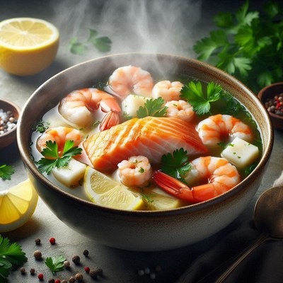 Steaming seafood soup with lemon