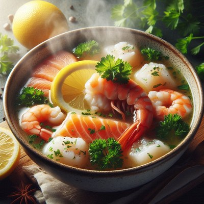 Steaming seafood soup with lemon