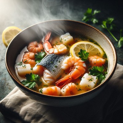 Steaming fish and shrimp soup