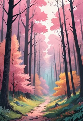 Pink forest path in autumn