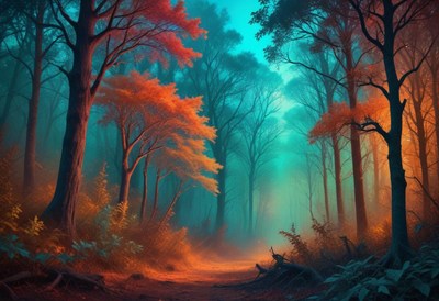 Misty forest path at dusk