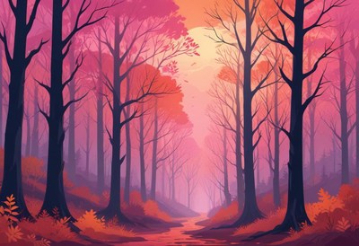 Pink sunset forest path