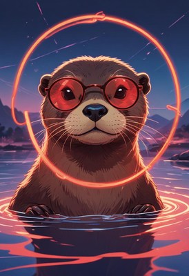 Otter in red glasses at dusk