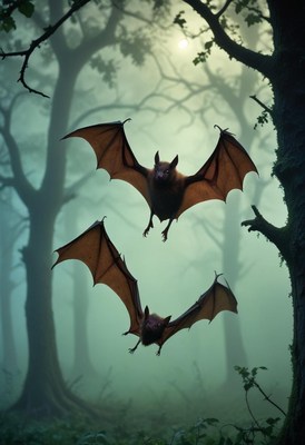 Bats flying through misty forest