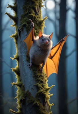 Bat perched on tree trunk in forest