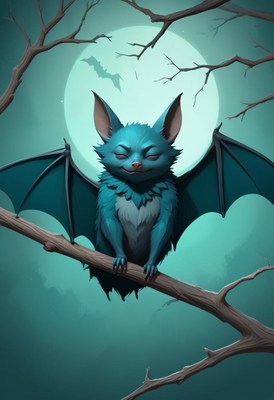 Blue bat perched on branch at night