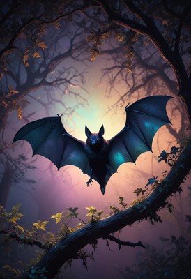 Bat flying through forest at dusk