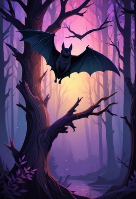 Bat hanging from tree branch in forest