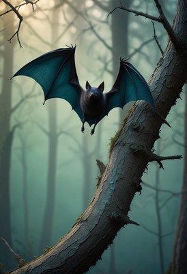 Bat flying through forest