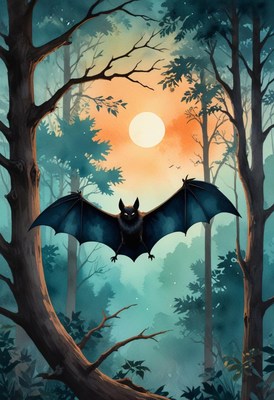 Bat flying through forest at sunset