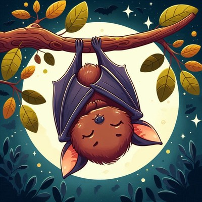 Bat sleeping on branch under full moon