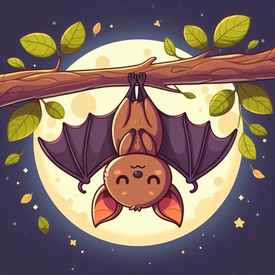 Bat hanging from branch at night