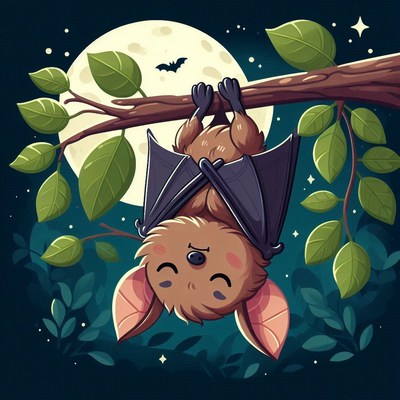 Bat hanging upside down on branch at night