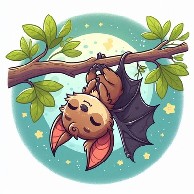 Sleeping bat on branch at night