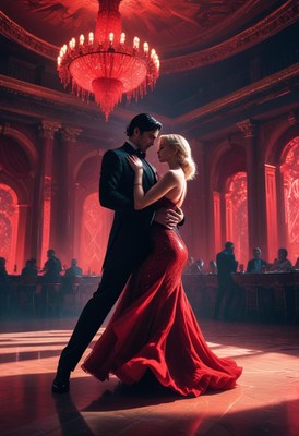 Couple dancing in red-lit ballroom