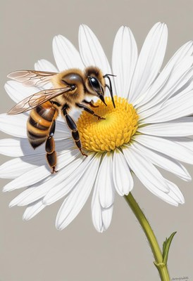 Bee pollinating white daisy