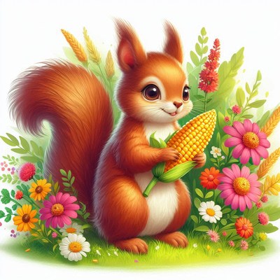Squirrel holding corn in flowers
