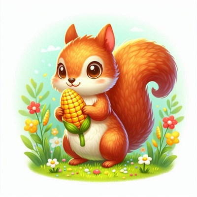 Cute squirrel holding corn in a meadow