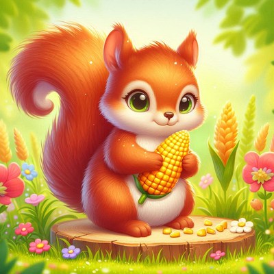 Cute squirrel eating corn in a meadow