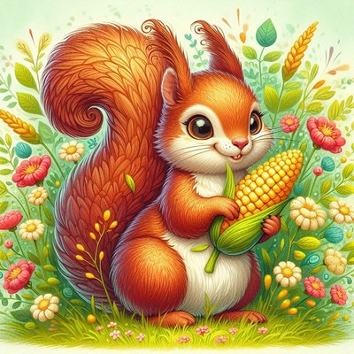Cute squirrel holding corn in flowers