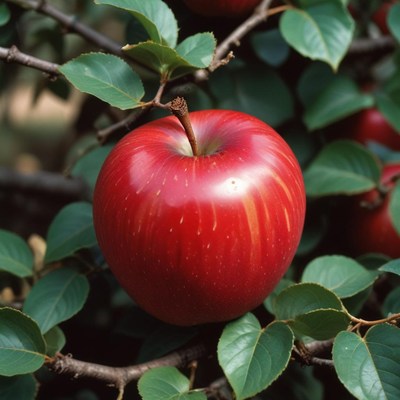 Red apple hanging on branch