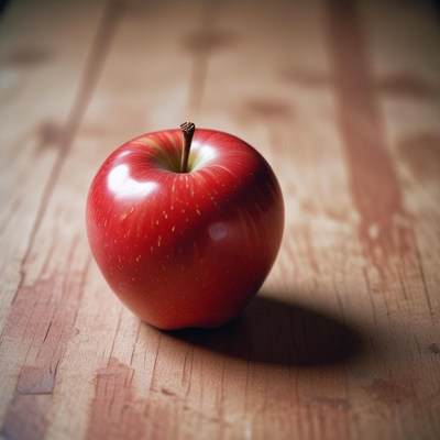 Red apple on wooden table