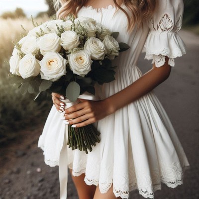 Woman in white dress holds bouquet